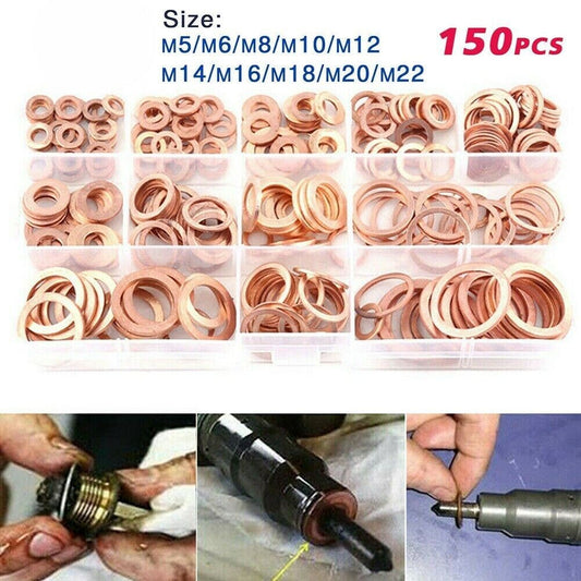 ya 16 150x Copper Crush Washer Gasket Set Flat Ring Seal Assortment Kit For M5-M22 Kit