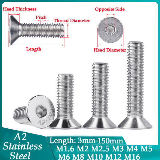 10 PCS Hex Allen Socket Machine Screws Countersunk Flat Head Bolts A2 Stainless