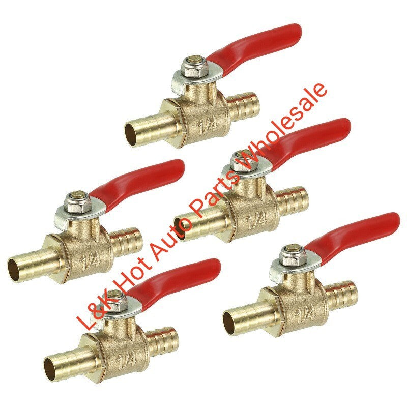 ya 16 5PCS 5/16 Brass Mini Ball Valve Shut-off Valve Hose Barb Red Handle Brass Tone