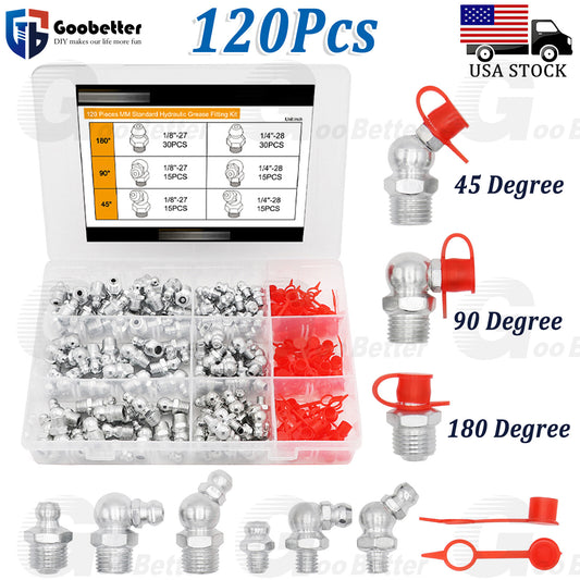 120 PCS Grease Fitting Assortment SAE Straight and Angled Zerk Kit 90 45 Degree