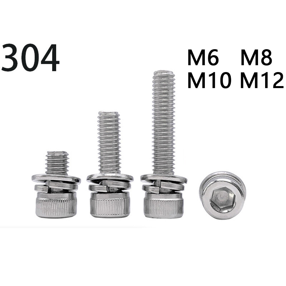304 Stainless Steel Hex Socket Cap Head SEMS Screws Flat Spring Washers M6-M12