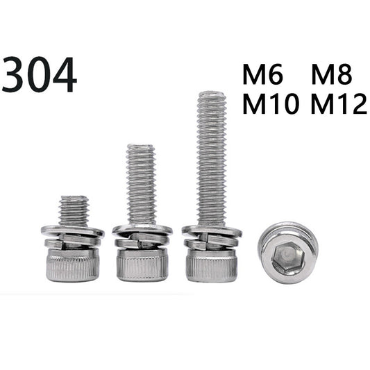 304 Stainless Steel Hex Socket Cap Head SEMS Screws Flat Spring Washers M6-M12