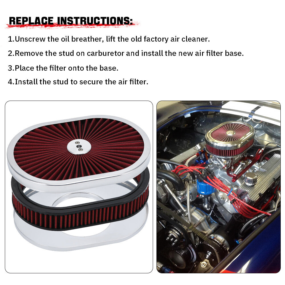 ya 5 8.7 RED 12 Oval Flow Thru Hot Rod Air Cleaner Washable SBC BBC for Chevy for Ford