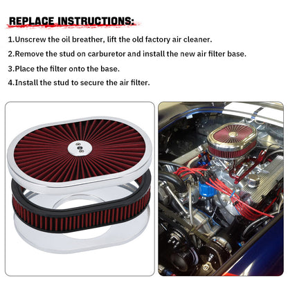 ya 5 8.7 RED 12 Oval Flow Thru Hot Rod Air Cleaner Washable SBC BBC for Chevy for Ford