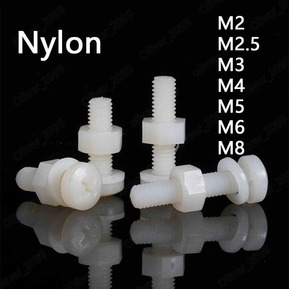 White Nylon Phillips Pan Head Screws With Hex Nuts Flat Washer M2 M3 M4 M5 M6 M8