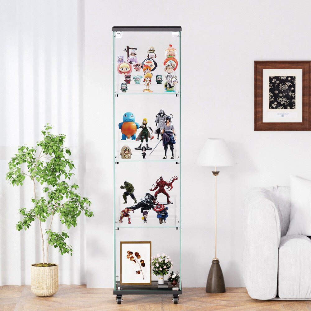 ya 28 4-Tier Single Door Glass Display Cabinet, 3 Acrylic Shelves,with Lock & Wheels
