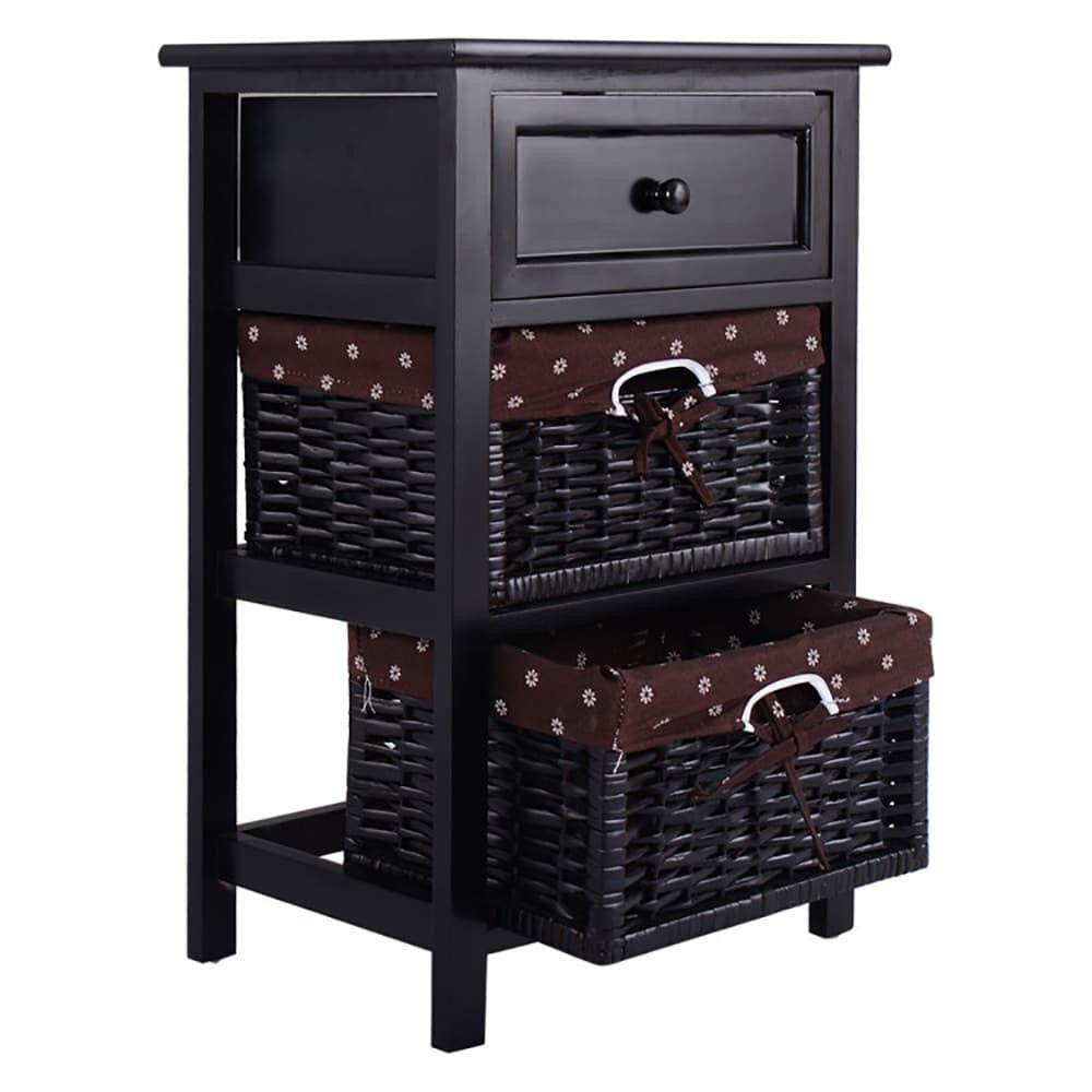 ya 28 3 Tiers Black Wooden Storage Nightstand W/ 2 Baskets and 1 Drawer Simple Design 