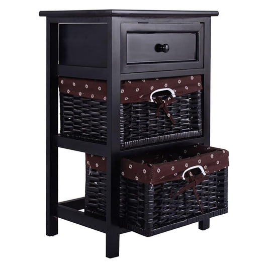 ya 28 3 Tiers Black Wooden Storage Nightstand W/ 2 Baskets and 1 Drawer Simple Design 