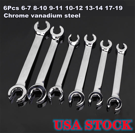 ya 1 7.3 6Pcs 6 Point Chrome Vanadium Steel 6mm-19mm Metric Flared Nut Spanner Wrench Set