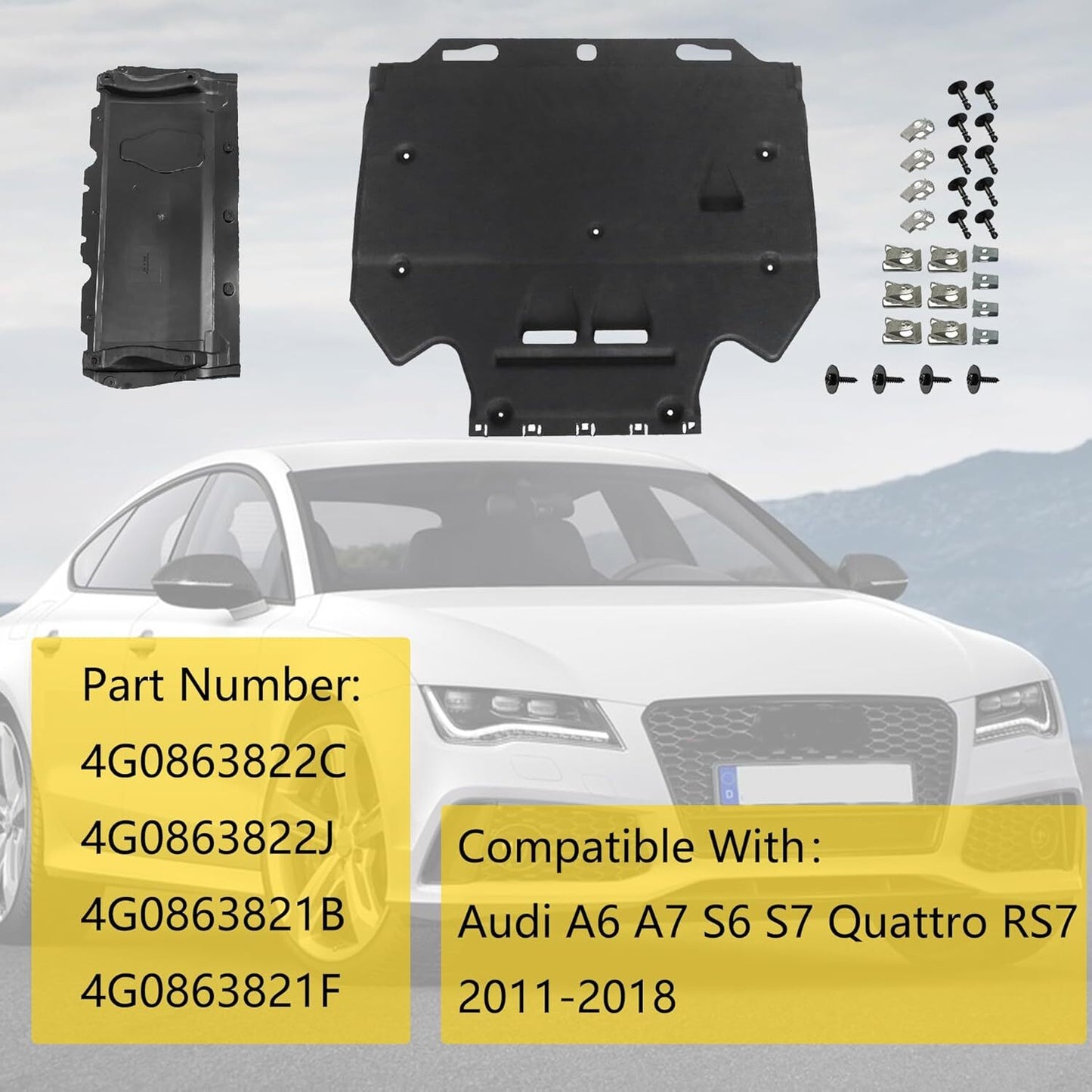 ya 5 8.7 Radiator Support Cover+Splash Guards+Clips for Audi A6 (4G/C7) A7 (4G) 2011-18