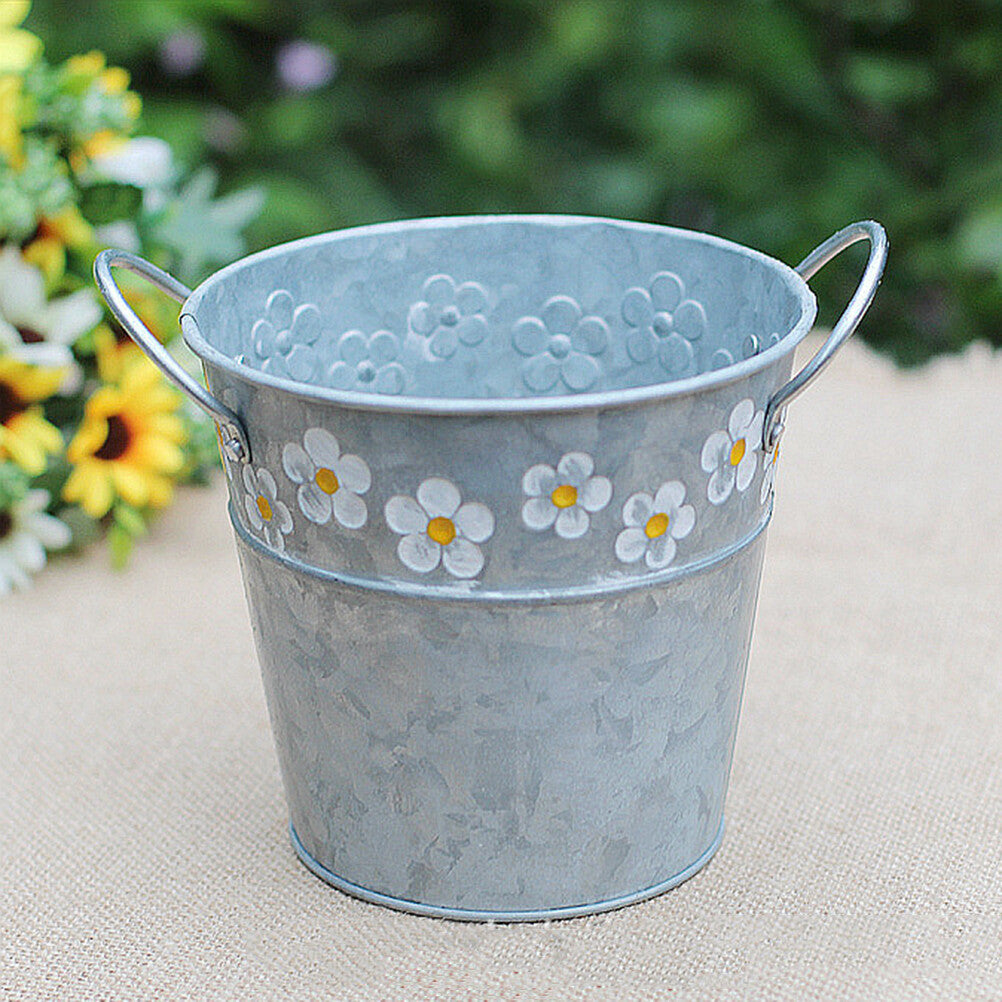 ya 14 Flower Pot Daisy Embossed Garden Metal Tin Bucket Planter Pots with Handle