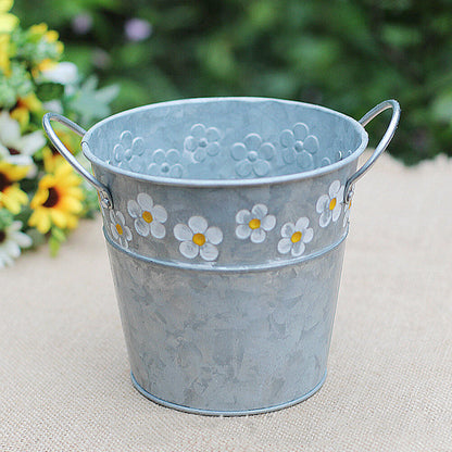 ya 14 Flower Pot Daisy Embossed Garden Metal Tin Bucket Planter Pots with Handle