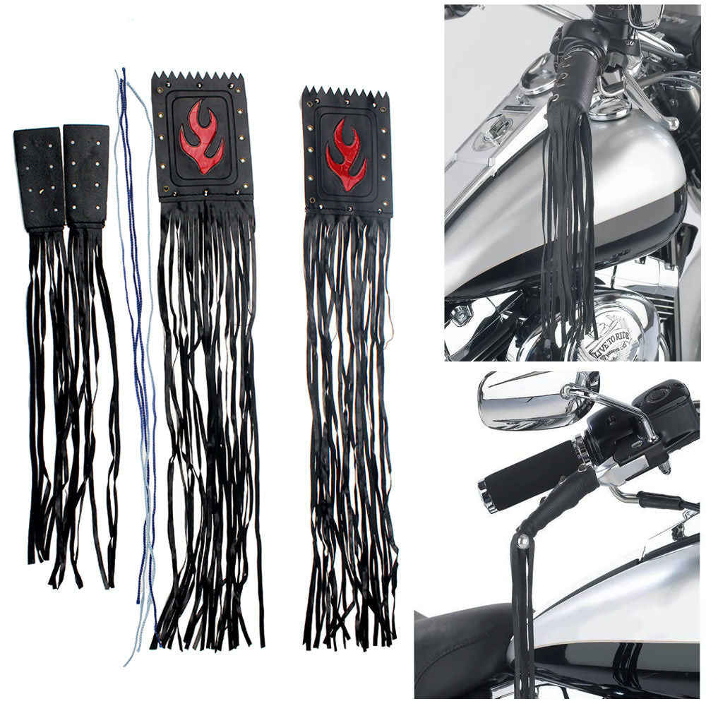 ya 5 8.7 Motorcycle Black Faux Leather Grip Lever Cover Handlebar Fringe Streamers Tassel