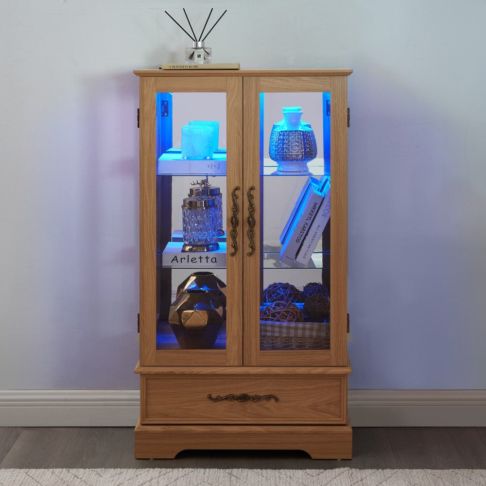 ya 28 Light Oak Lighted Glass Curio Cabinet - 2 Doors, 1 Drawer, Adjustable Shelves