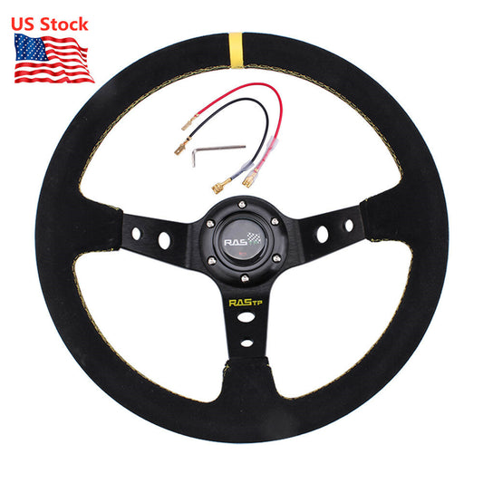 ya 8 5.27 14inch 345mm Deep Dish 93mm Drifting Racing Steering Wheel Suede Leather Yellow