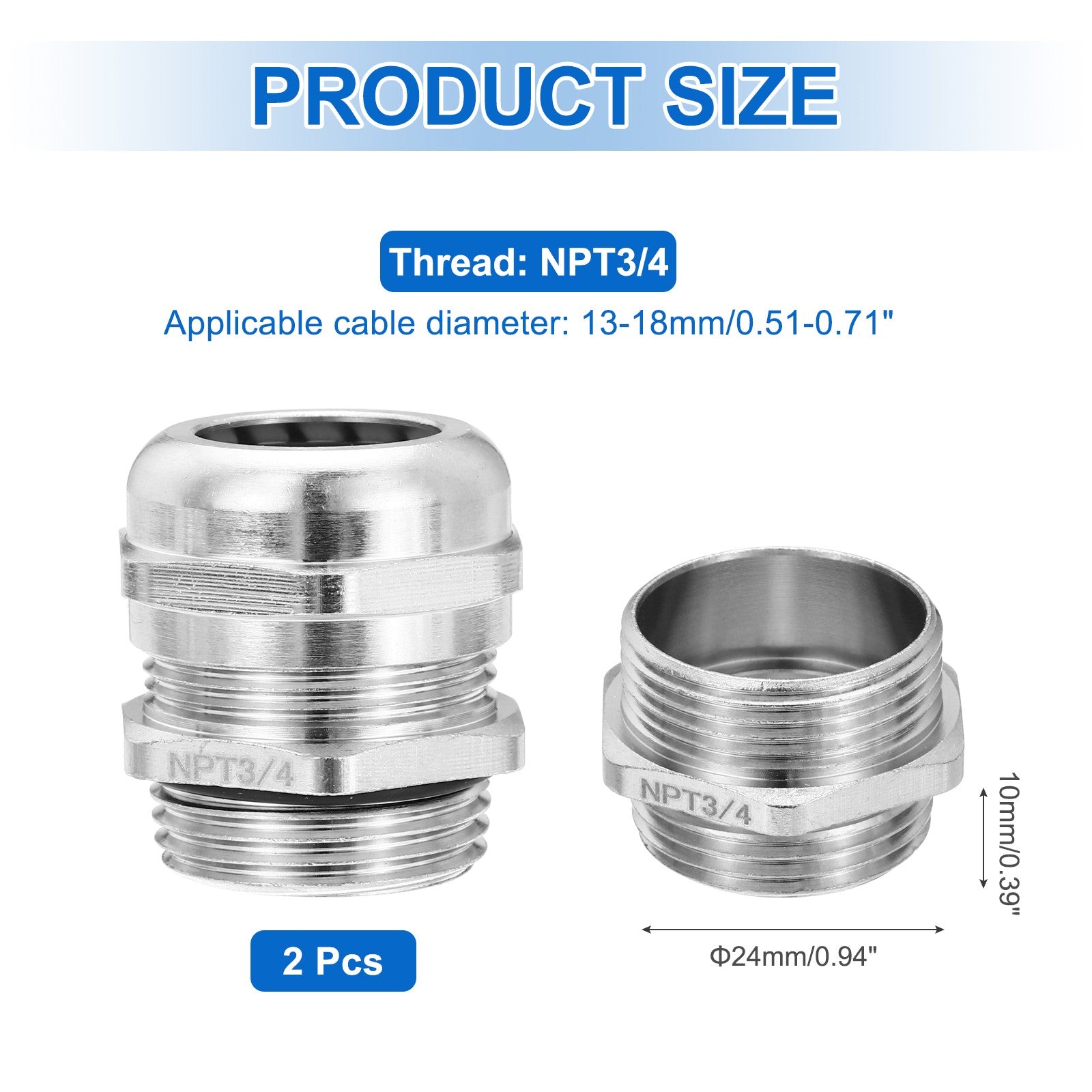 ya 5 8.7 2Pcs NPT3/4 Cable Gland 13-18mm Threaded Waterproof Connector Silver