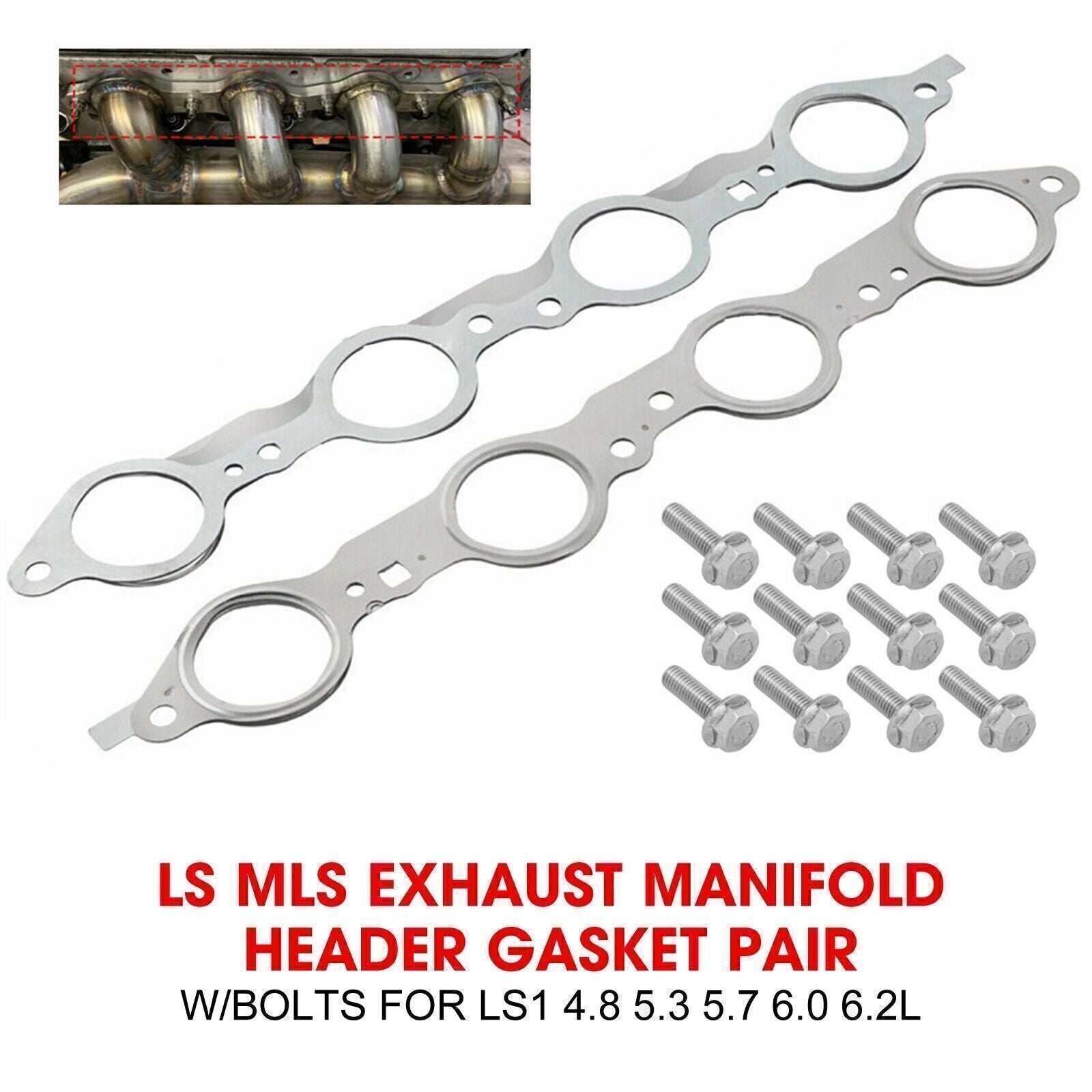 ya 5 8.7 LS MLS Manifold Header Gasket Pair W/Bolts For LS1 4.8 5.3 5.7 6.0 6.2qp