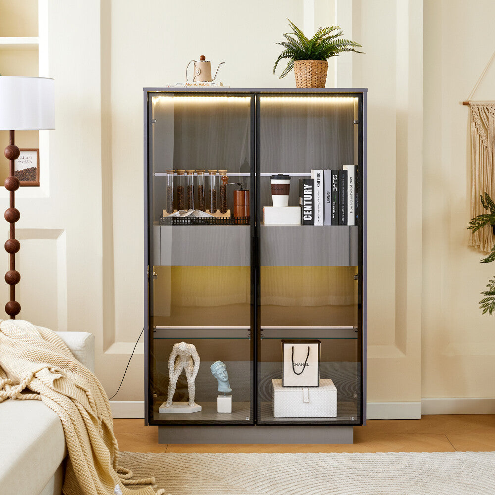 ya 28 60.6'' Grey Display Cabinet Tempered Glass LED 2 Drawers Modern Multi-Room