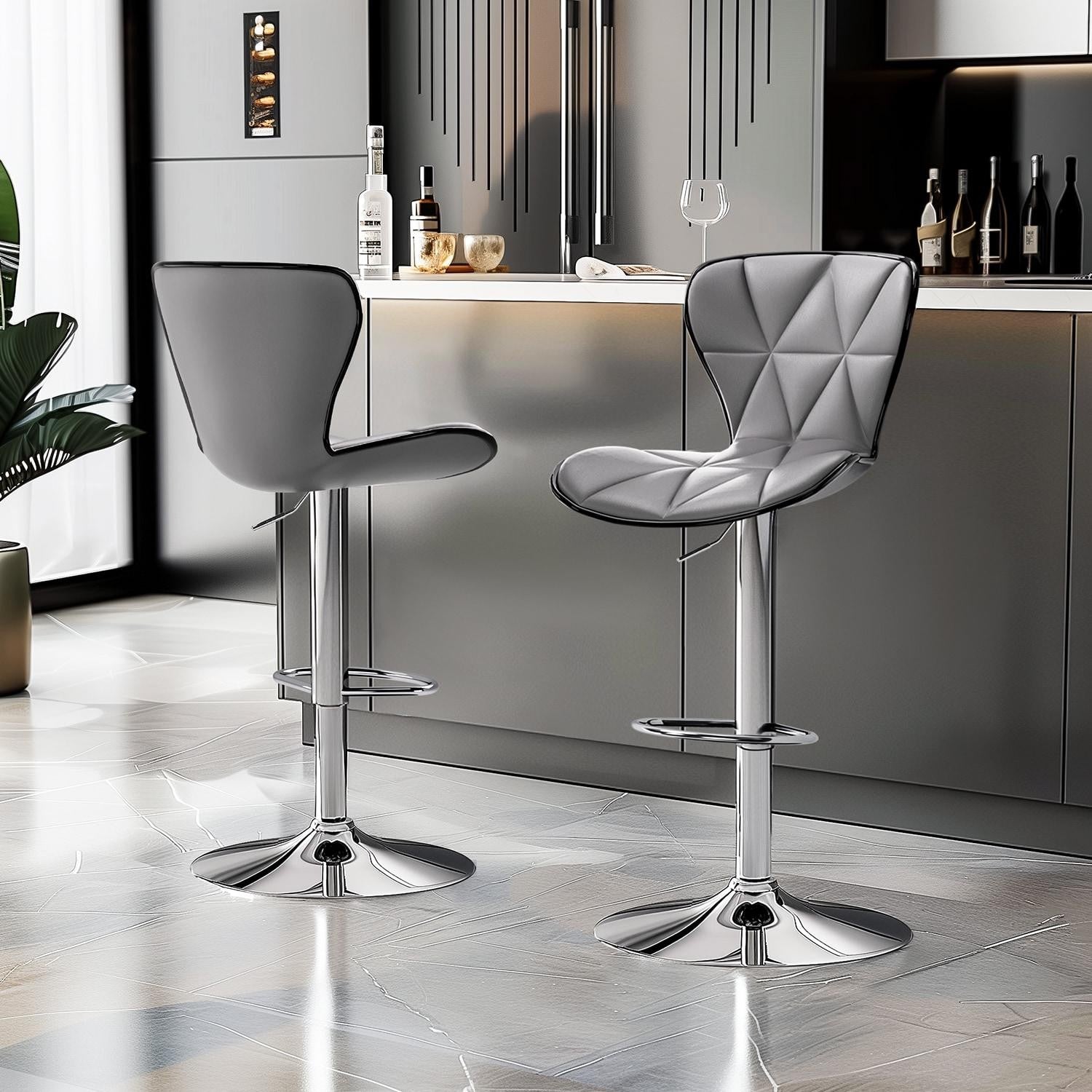 ya 28 Bar Stools Set of 2 | Swivel Adjustable Counter Height | PU Leather W/Back Gray