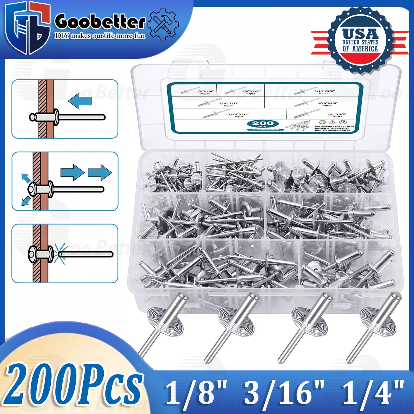 200pcs Pop Rivets Assortment Kit Aluminum Blind Rivets 8 Sizes 1/8  3/16  1/4