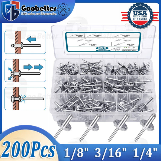 200pcs Pop Rivets Assortment Kit Aluminum Blind Rivets 8 Sizes 1/8  3/16  1/4