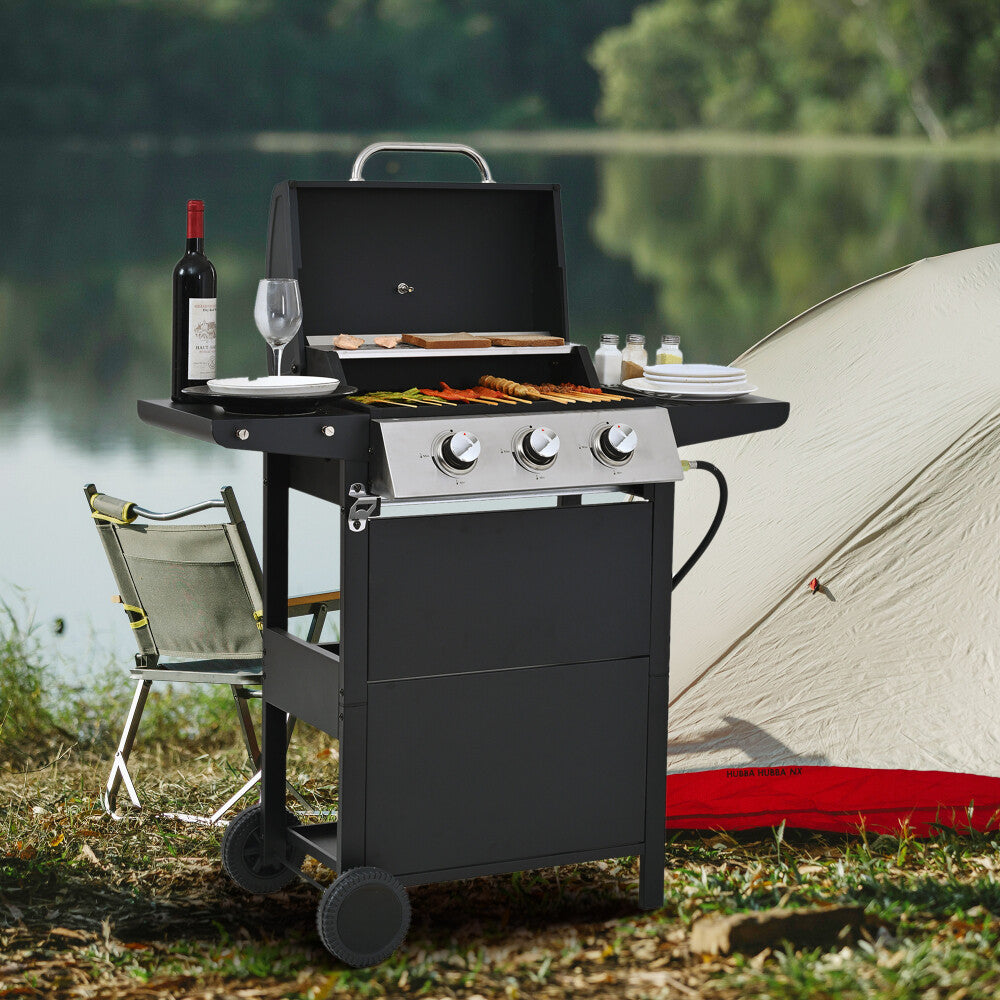 ya 28 3 Burner 26k BTU Stainless Steel Propane Grill w/2 Shelves, Lid, Wheels & Opener