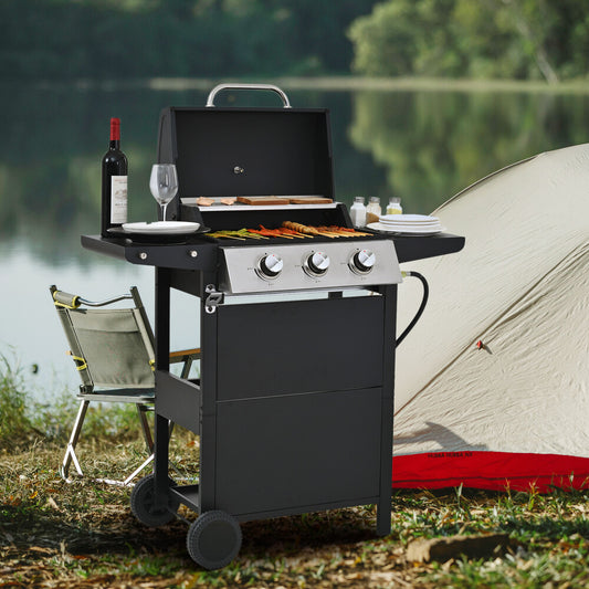 ya 28 3 Burner 26k BTU Stainless Steel Propane Grill w/2 Shelves, Lid, Wheels & Opener