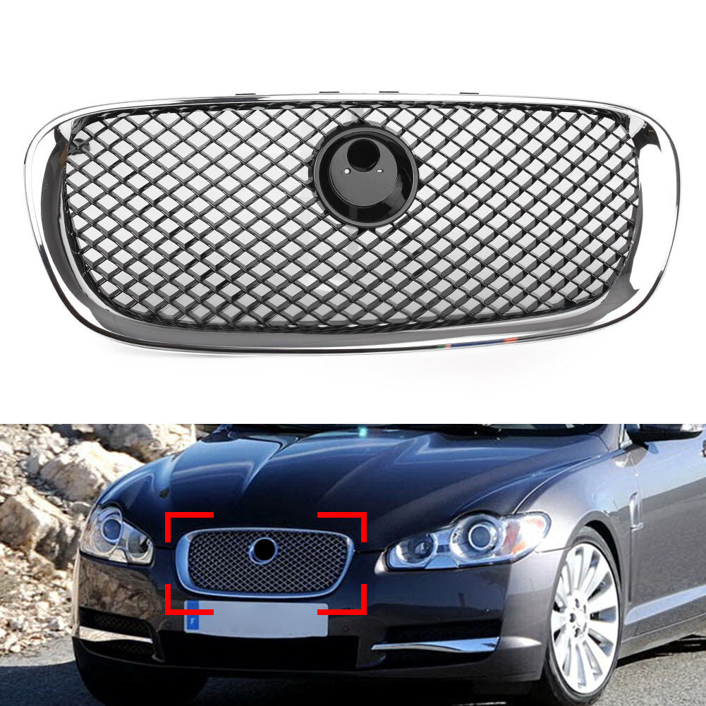 ya 3 6.23 1X Car Front Bumper Grille Grill Fit for Jaguar XF 2008-2011 2009 Chrome Black Mesh