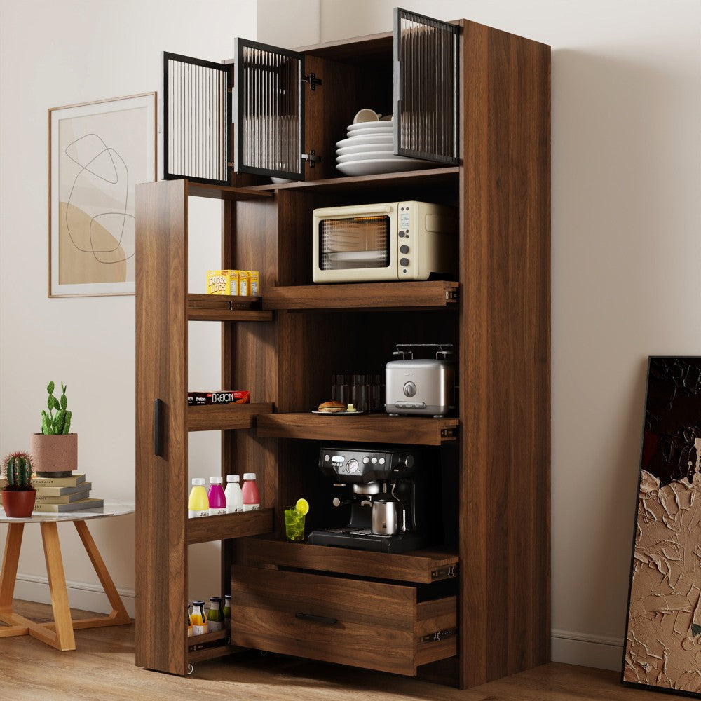 ya 28 70.87 Tall Kitchen Pantry Walnut Cabinet - Aluminum Frame Glass Door