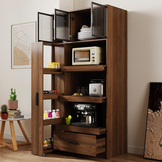 ya 28 70.87 Tall Kitchen Pantry Walnut Cabinet - Aluminum Frame Glass Door