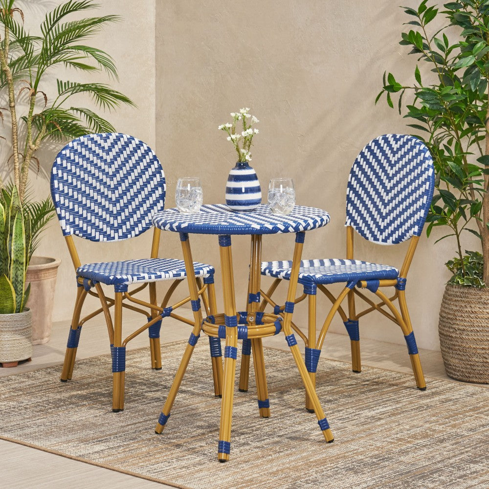 ya 28 Aluminum Outdoor 3 Piece French Bistro Set, Navy Blue, White, with Bamboo Finish