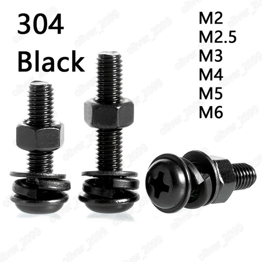 Black 304SS Phillips Pan Head Screws With Collar Hex Nuts Flat Spring Washers M2