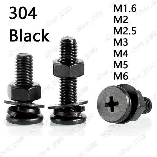 Black 304SS Phillips Utrathin Flat Head Screws Hex Nut Flat Spring Washers M2-M6