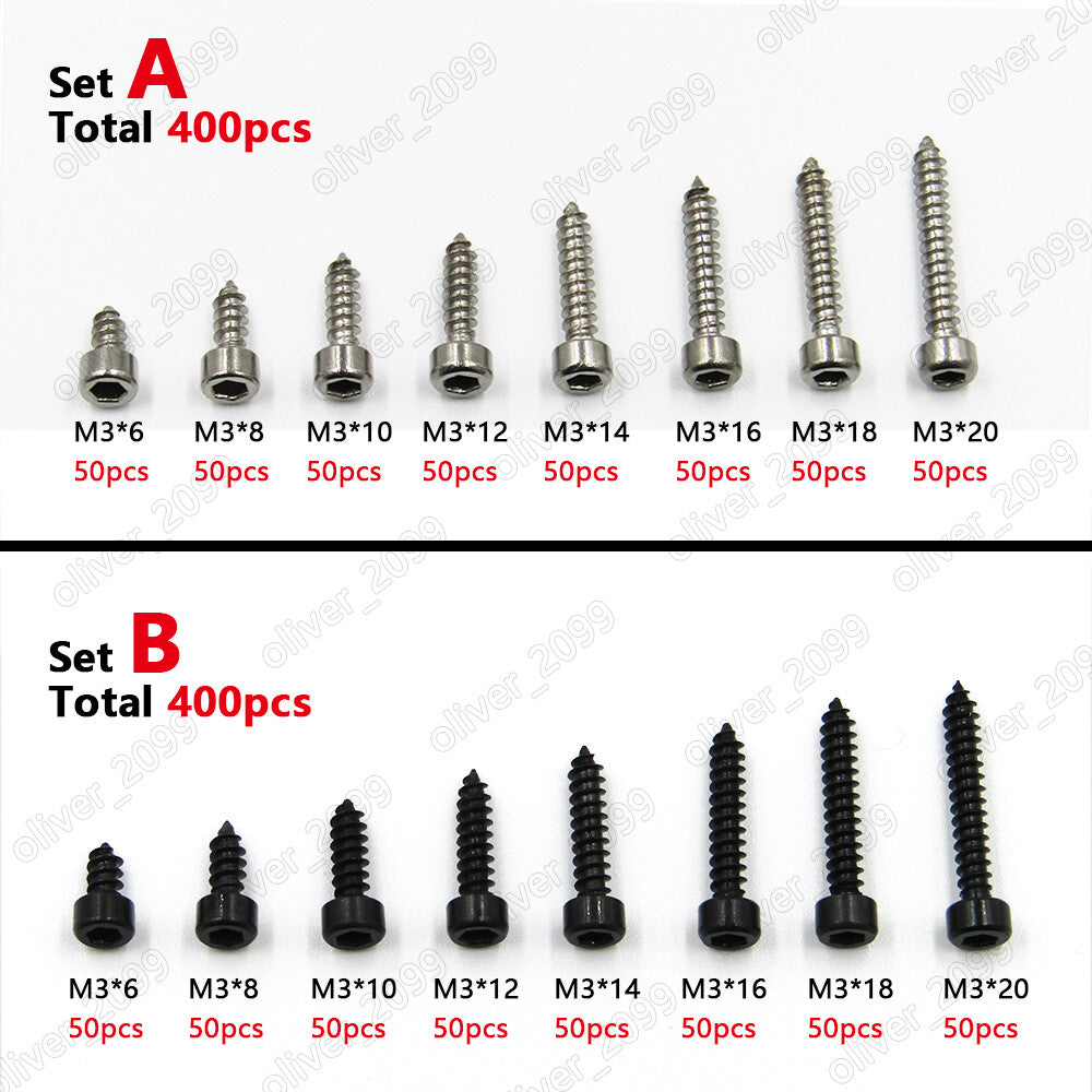 400pcs M3 Hex Socket Cap Head Self Tapping Screws Assortment Select Black or 304