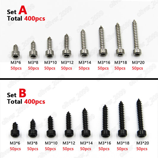 400pcs M3 Hex Socket Cap Head Self Tapping Screws Assortment Select Black or 304