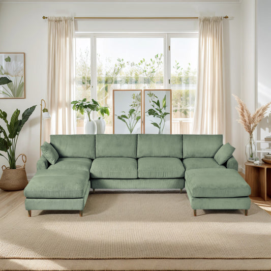 ya 28 6 Seat Green Corduroy Modular Sofa U/L-Shaped Convertible, Pillow+Footstool