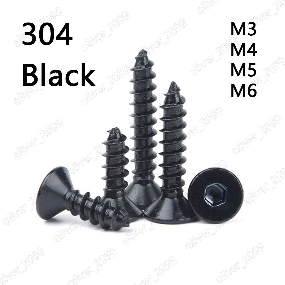 Black 304 Stainless Steel Hex Socket Countersunk Head Self Tapping Screws M3-M6