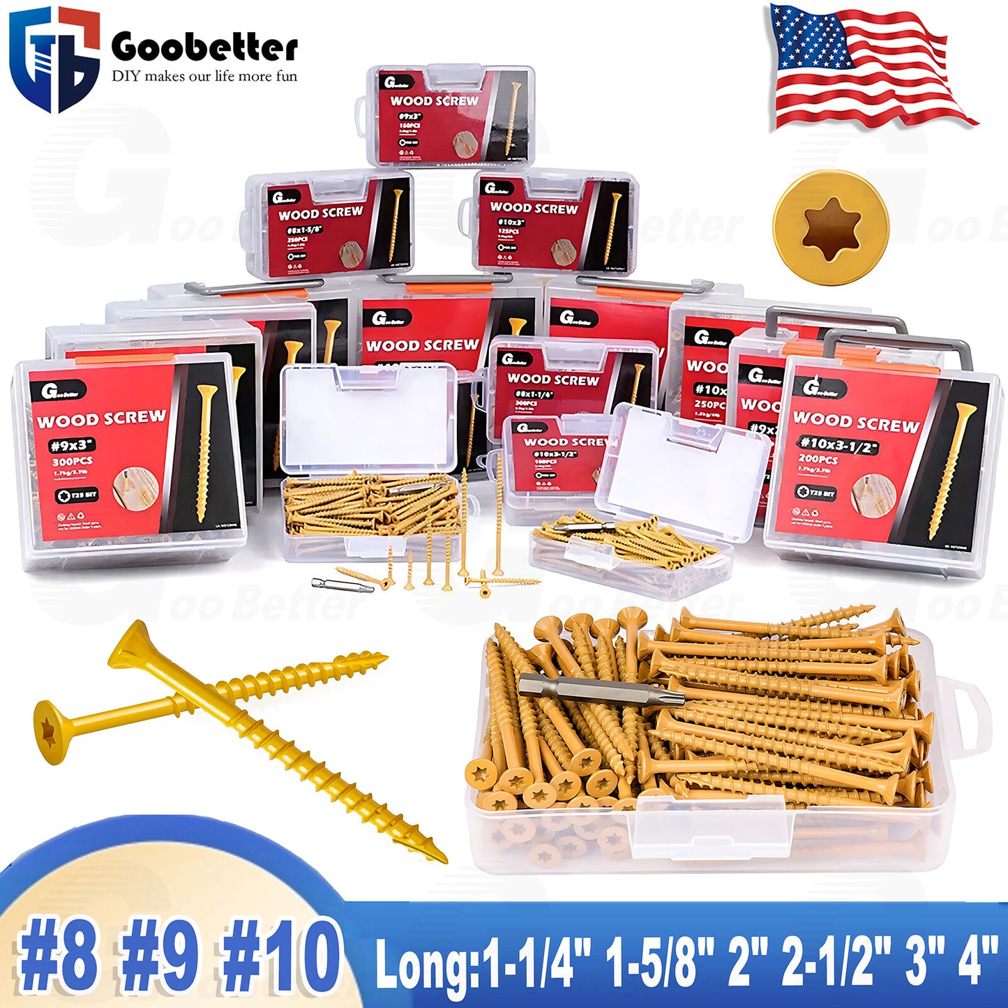 #8 #9 #10 Deck Screws Kit Torx Self Tapping Wood Long Screws for Cabinet Drywall