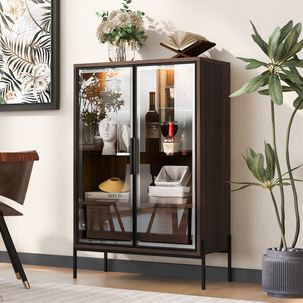 ya 28 51.2 Modern Lighted Display Cabinet Tempered Glass Door Metal Legs LED Walnut