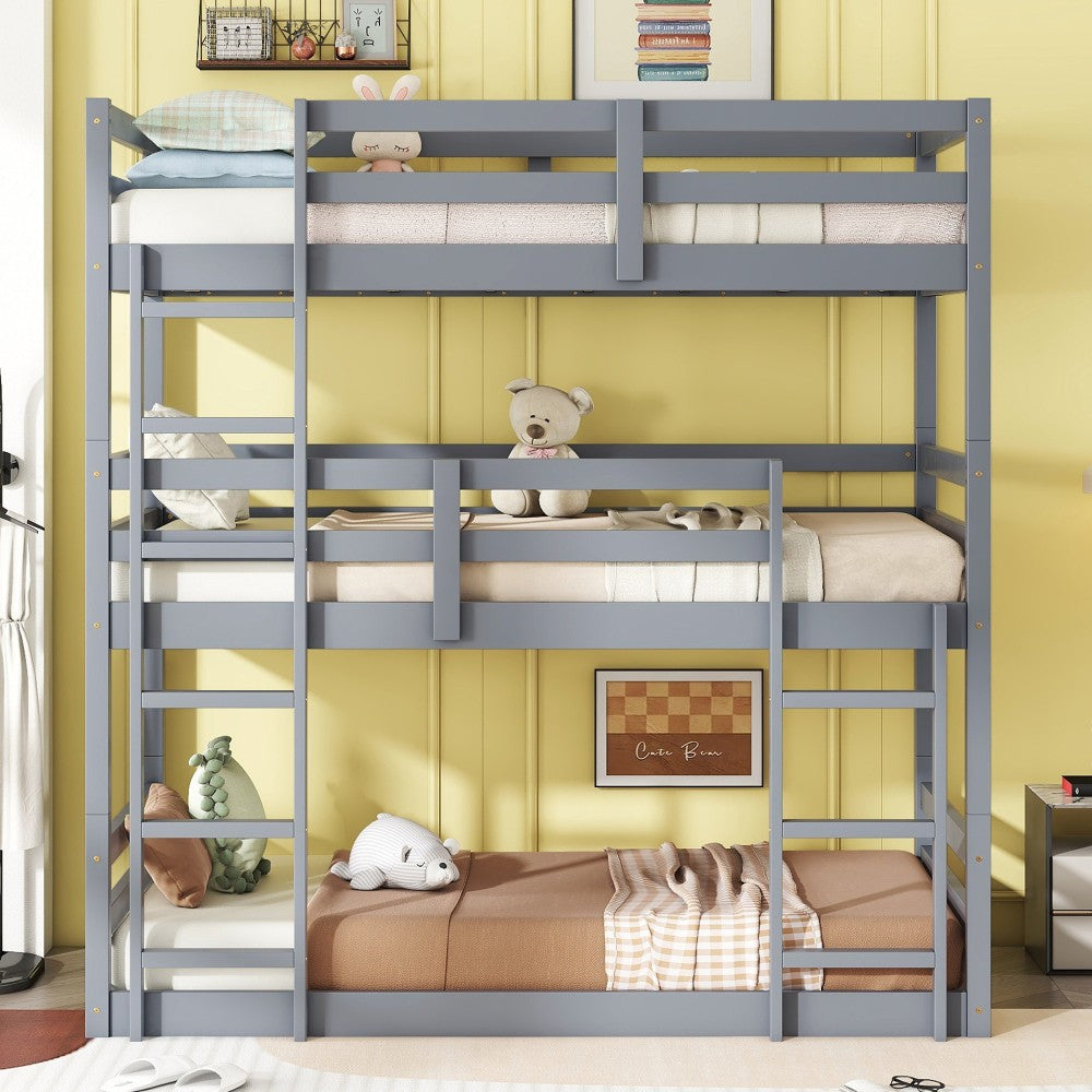 ya 28 Grey Rubber Wood Triple Bunk Bed - 2 Built-in Ladders, Guardrails, Detachable