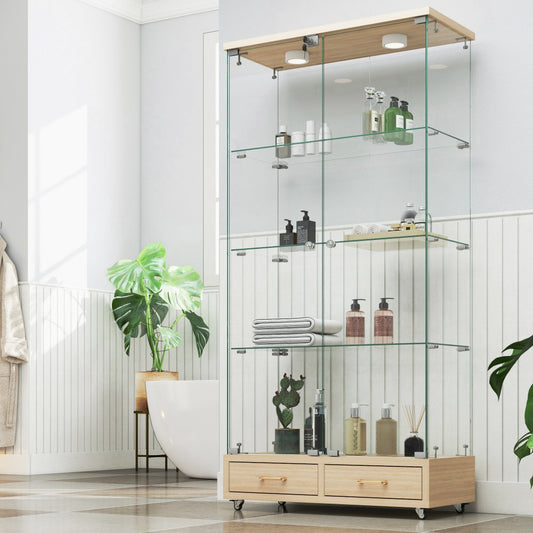 ya 28 Modern Natural Glass Display Cabinet ÿ 2 Drawers, LED Lights, 4 Shelves