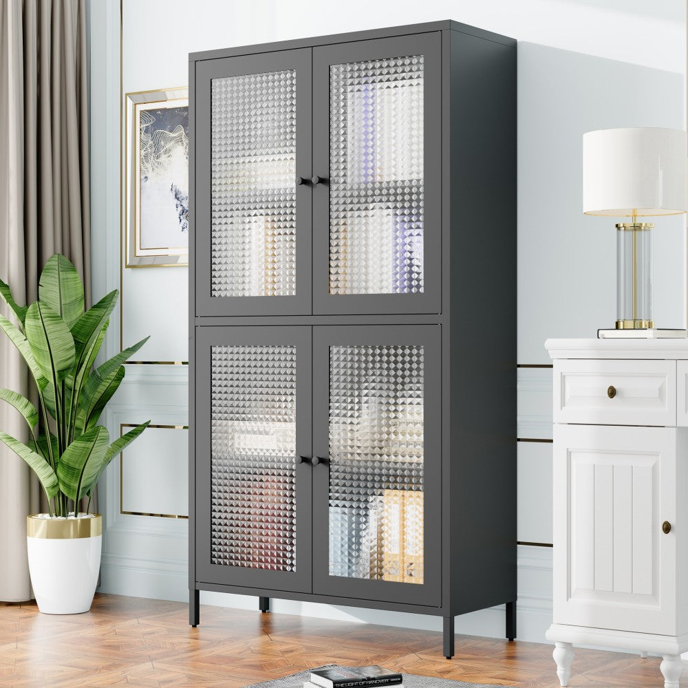 ya 28 Black Classic Metal Tempered Glass Storage Cabinet - 4 Glass Doors, 4 Shelves