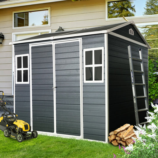 ya 28 8x6ft Resin Outdoor Storage Shed Waterproof,Lockable Door, 2 Windows, Black
