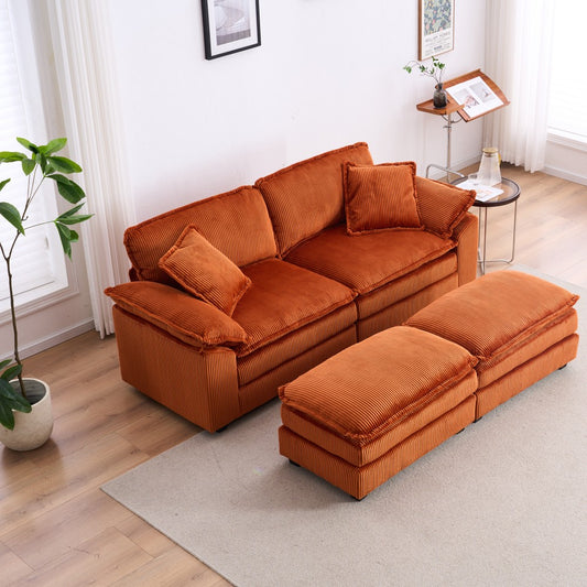 ya 28 Corduroy 2-Seat Sofa Orange - 2 Back Pillows, 2 Toss Pillows, 2 Ottoman