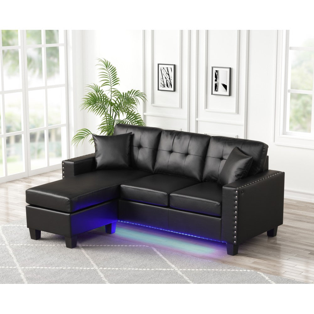 ya 28 PVC Reversible Sectional Sofa Chaise Black withThrow Pillows, Tufted Cushion