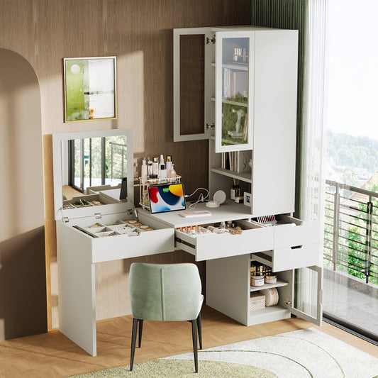 ya 28 Versatile Makeup Vanity Desk White - Mirror, Charging Station, 8 Hidden Storage