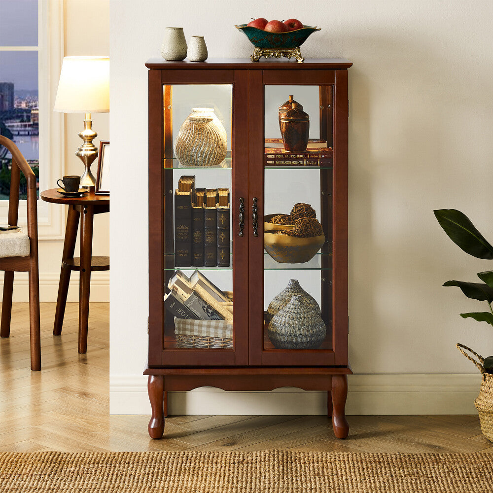 ya 28 Lighted Curio Cabinet Adjustable Shelves Mirrored Back Tempered Glass Doors