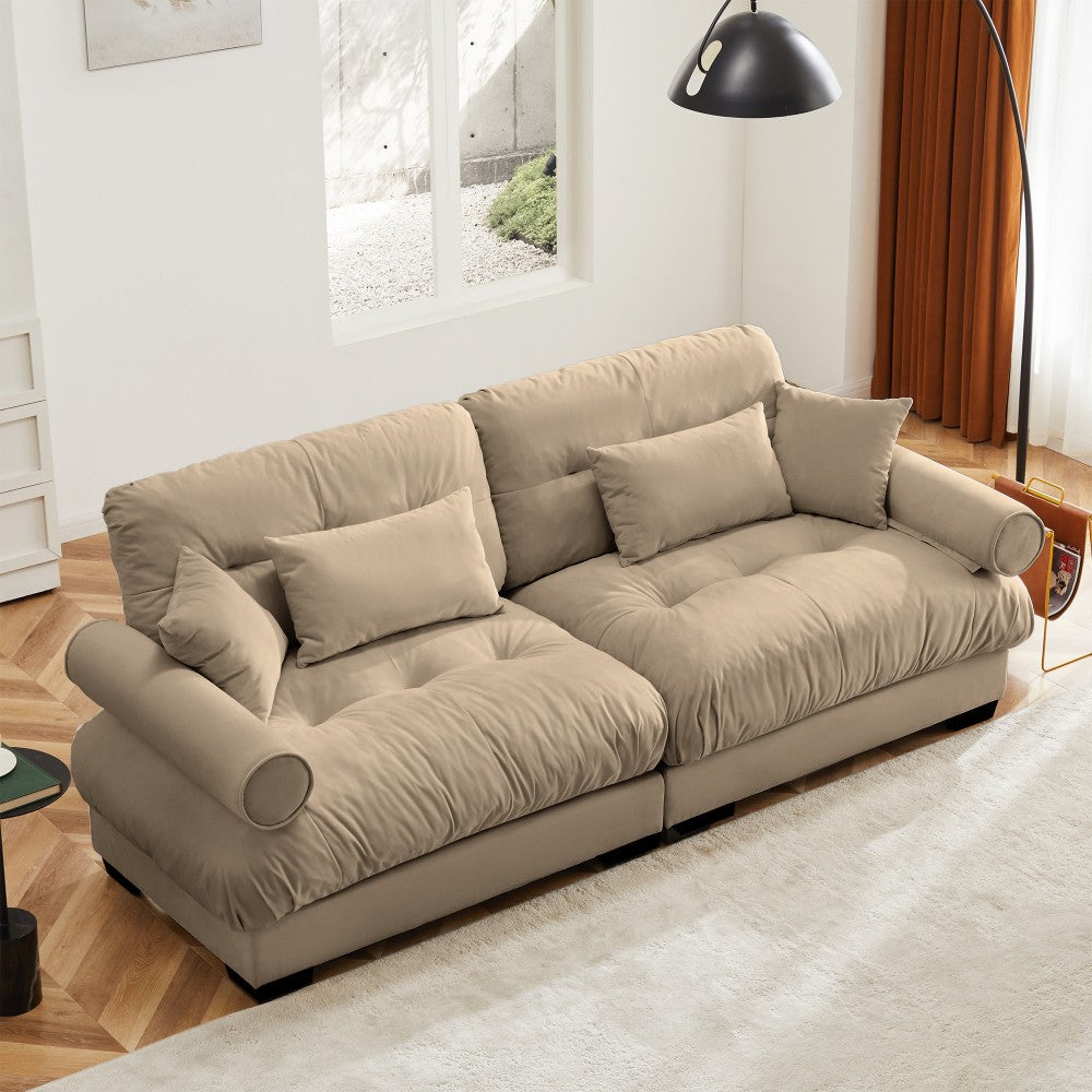 ya 28 Large Modern Camel 2-Seater Velvet Sofa,Bolstered Armrests,Waist & Throw Pillows