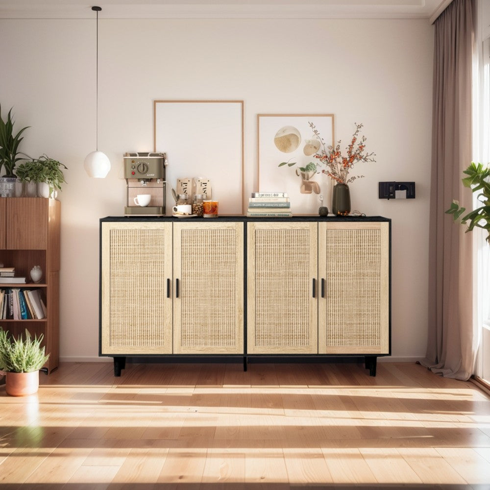 ya 28 Black 62.20 4-Door Rattan Storage Cabinet - Elegant Functional, Easy Assembly