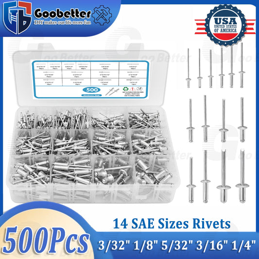 500x Pop Rivets Assortment Kit Aluminum Blind Rivets 3/32  1/8  5/32  3/16  1/4